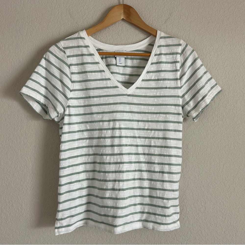 Sigrid Olsen Stripes Cotton Tee Shirt Short Sleeve Green White Size S